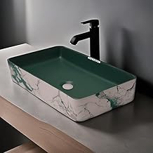 REMOTION® Designer Table Top Wash Basin For Bathroom | Ceramic Bathroom Sink | Wash Basin Over Counter Bathroom Basin (24 x 14 x 4 Inch) (Designer Green N White SL 57)