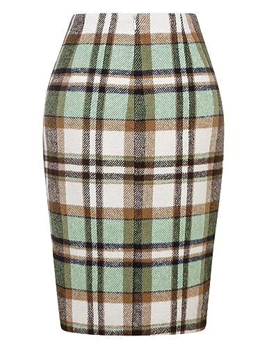 Idealsanxun Green Plaid Skirts For Women Trendy 2024 Fall Fashion Wool Tweed High Waisted Pencil Knee Length Midi Skirt With Slit Winter Clothes thumb #1