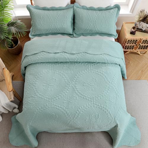 Image of EVENHUG Oversized King Bedspreads California King Quilt Set with Pillow Shams Extra Wide Large King Size Quilts Lightweight Coverlet Bedding Sets Aqua Sky 120 inchx120 inch