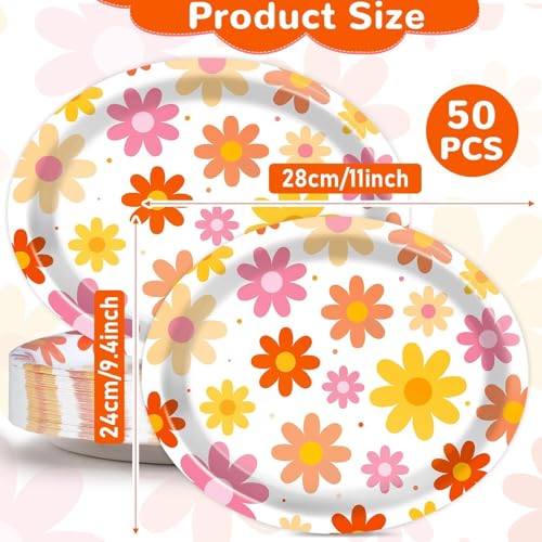 Image of Qyeahkj 50 PCS Summer Groovy Daisy Oval Paper Plates Large 11 inch Disposable Retro Daisy Party Decorations Hippie Boho Flower Supplies Favor for 60s 70s Birthday Baby Shower Wedding Party Tableware Set