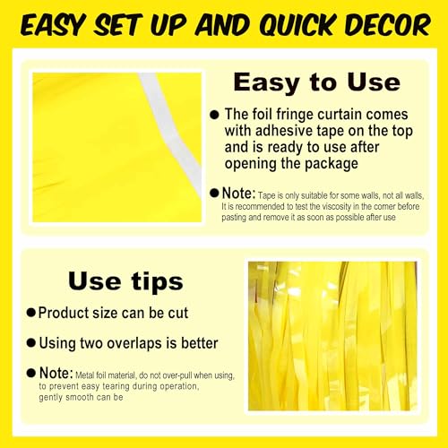 Image of 3 Pack Macaron Yellow Foil Fringe Curtains Backdrop, 3.28 x 9.8 Ft Metallic Streamers Tinsel Curtains Background for Photo Booth, Birthday, Halloween, Christmas, New Year Party Decorations