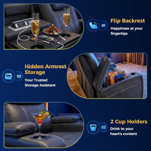 Image of 3X Manual Recliner Chair, 30 Rocks Home Theater Seating (Grey, Microfiber)