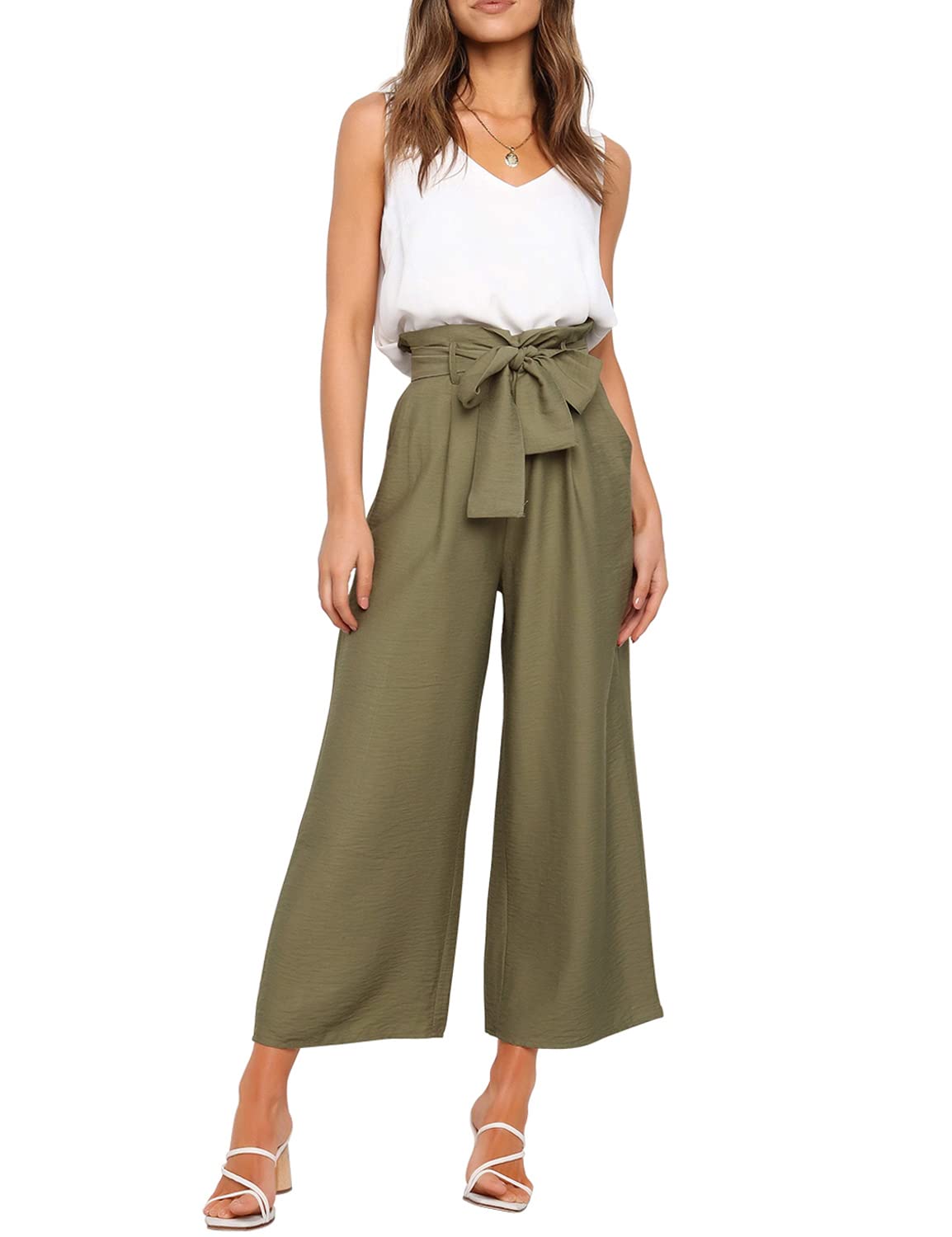 FANCYINNWomens Two Pieces Outfits Long Wide Leg Pants V Neck Tops Long Wide Leg Pants, Amy Green, L