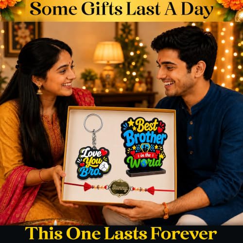 Image of SWAGSTATION Rakhi Combo for Brother, Evil Eye Rakhi with Guardian Bell Evil Eye Keychain, Love You Bro Fridge Magnet, Greeting Card & MDF Gift Box, Raksha Bandhan Gift Set