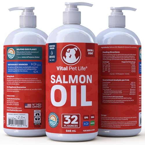Salmon Oil for Dogs & Cats - Healthy Skin & Coat, Fish Oil, Omega 3 EPA DHA, Liquid Food Supplement for Pets, All Natural, Supports Joint & Bone Health, Natural Allergy & Inflammation Defense, 32 oz
