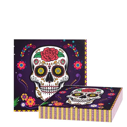 48Pcs Skull Day of The Dead Paper Napkins,Halloween Napkins Serviettes Mexico Dia De Los Muertos Decor,Day of The Dead Halloween Party Napkins,Halloween's Party Tableware Home Decor,33x33cm