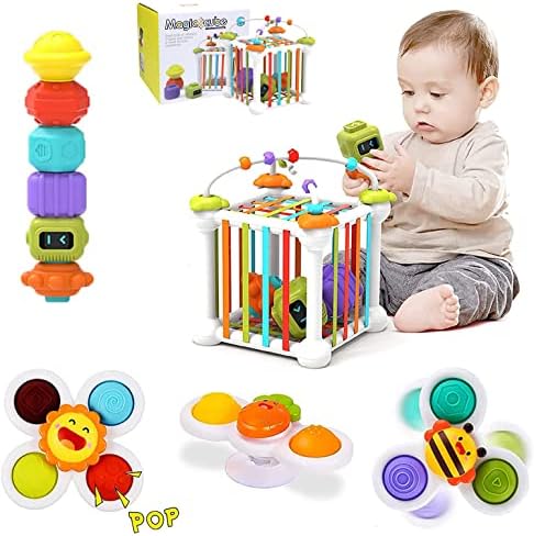 morkka 12PCS Montessori Toys for Boy Girl, Baby Sensory Bin Shape Sorter Toys Colorful Cube, with 3 Suction Cup Spinning Top Toys and Bead Maze, Early Learning Toys for Toddlers Age 1-3