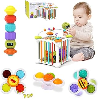 morkka 12PCS Montessori Toys for Boy Girl, Baby Sensory Bin Shape Sorter Toys Colorful Cube, with 3 Suction Cup Spinning Top Toys and Bead Maze, Early Learning Toys for Toddlers Age 1-3