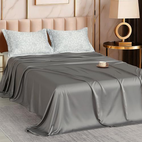 Story@Home Luxe King Size Satin Silk Bedsheet with 2 Pillow Covers | 400 TC Satin Cotton Flat Bedsheet (270 x 270 cm) | Bridal Bedsheet Set for Wedding – Ivory Smoke-Gift Packaging