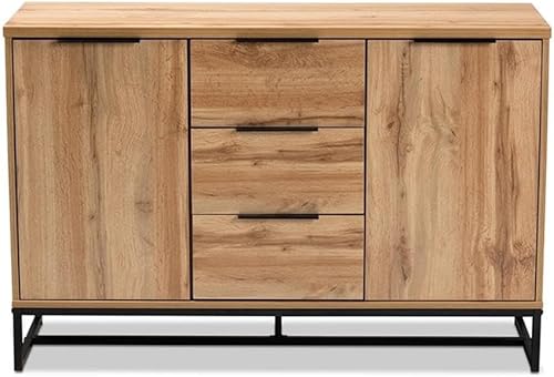 Miniatura 5 de BOWERY HILL Aparador Buffet de 3 cajones de metal negro con acabado de roble