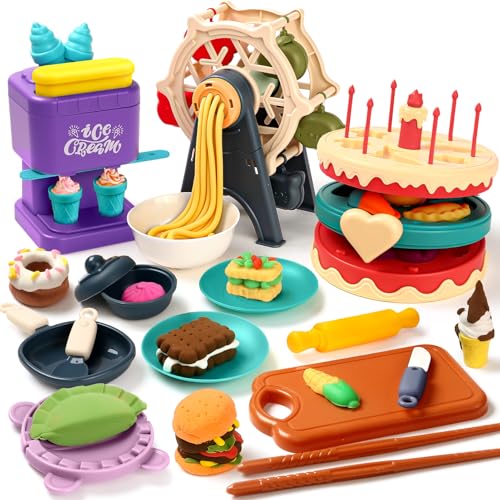 Tacobear Accessoire Pâte à Modeler Jouet Enfant 3+ Ans, Machine à Glace, Machine à Pâtes, Machine à Gâteau, Moules, 24 Couleurs Pate a Modeler et Outils...