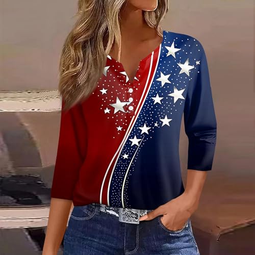 Image of 4th of July Shirts Women 3 /4 Length Sleeve Womens Tops Henley Neck Casual Patriotic T Shirts
