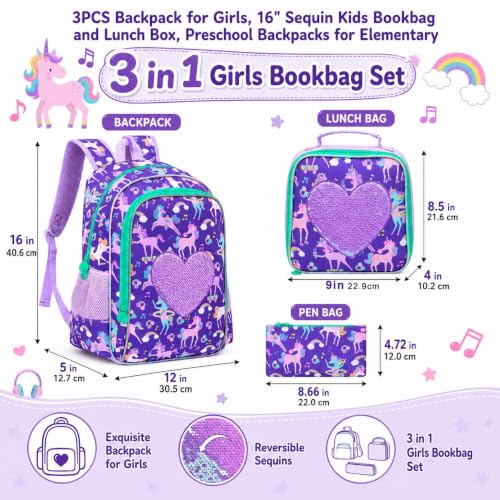 Image of 3Pcs Unicorn Backpack for Girls, 16 inch Sequin Kids Bookbag with Lunch Box，School Backpacks for Elementary Preschool Kindergarten (Purple)