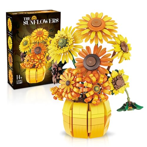 Flowers Sunflower Building Sets for Adults Van Gogh Prints Art Botanical Collection for Woman Girl 14+ Artificial Pot Bouquet Plants Kits Home Decor/Christmas/Valentine/Thanksgiving Birthday Gifts