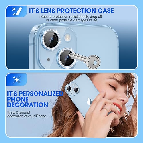 Image of Glass Camera Lens Protector Compatible For Iphone 15 /15 Plus Bling,Individual Metal Diamond Ring 9H Hardness Scratchproof Protector,Stylish Accessories,Case Friendly(Blue Diamond)