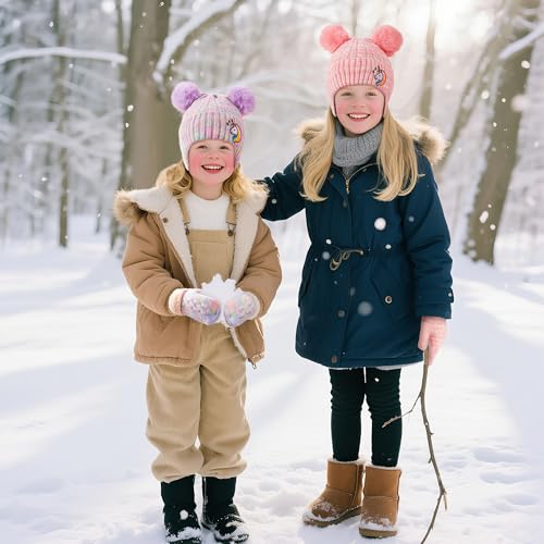 FENELY 2Pcs Kids Winter Hat Gloves Set for Ages 2-6-10 Boys Girls, Knit Thick Warm Fleece Lined Thermal Sets 6