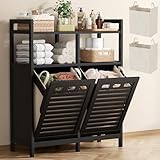 Homykic Tilt Out Laundry Hamper Cabinet, Bamboo Double Laundry Hamper with 2 Removable Laundry Baskets, 20 Gal Laundry Sorter Organizer with Shelf for Dirty Clothes, Bathroom, Laundry Room, Black