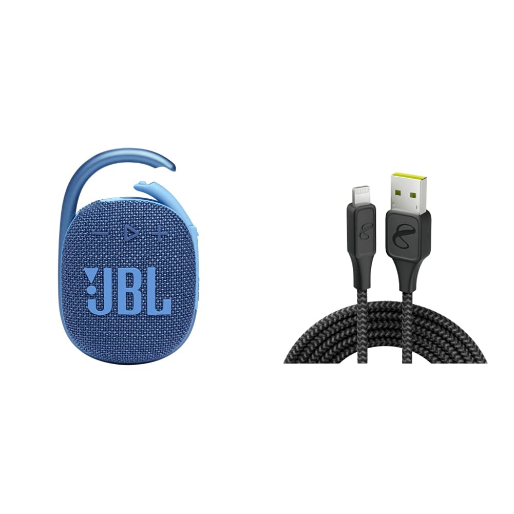 JBL Clip 4 Eco - Ultra-Portable Waterproof Speaker (Blue) and InfinityLab InstantConnect USB-A to Lightning -Charging Cable for iPhone and iPad - Black