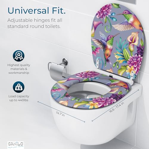 Image of Sanilo Wooden Toilet Seat with Quick Release & Soft Close [ROUND] - Decorative & Slow Close Molded Wood Seat - With One Click for Easy Installation & Cleaning - With Adjustable Fit (Hummingbird)