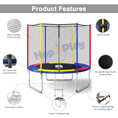 Image of Hop N Play 10FT Trampoline for Kids & Adults with Safety Net, Ladder & Cushioned Poles | Heavy Duty Outdoor & Indoor Fitness Bouncer | 175kg Capacity | Backyard Jumping Jhula