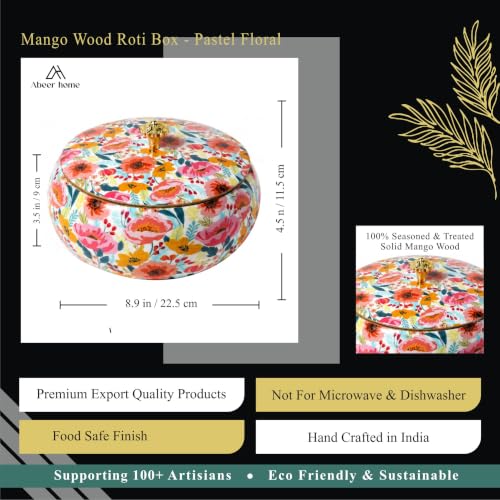 Image of Handcrafted Premium Wooden Roti Casserole, Chapati Box, Hotpot roti Box, Roti Dabba, Wooden Roti Box with Gold Embossed Knob (8.75 x 8.75 x 3.75 Inch)