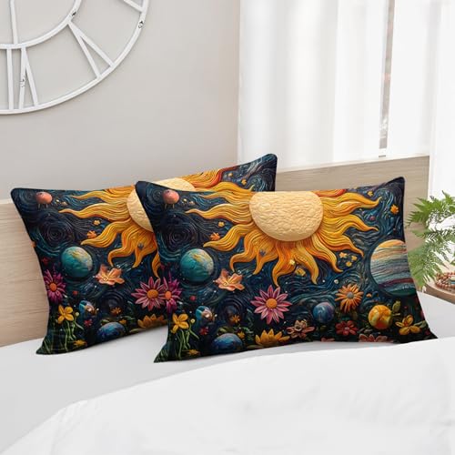Image of AILONEN Space Galaxy Soft Comforter Set Queen Size,3-Piece Sun Planet Starry Flower Boho Bedding Set,Boys Girls Kids Printed Duvet with 2 Pillowcases