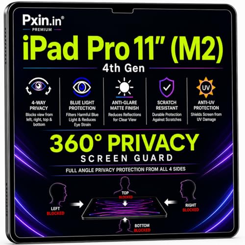 Image of Pxin 360 Pro Privacy Screen guard compatible with iPad Pro 11 inch (M2) - 4th Gen | Anti Glare | Anti UV | Anti Blue | Anti Reflection | Privacy Filter | Unbreakable Build