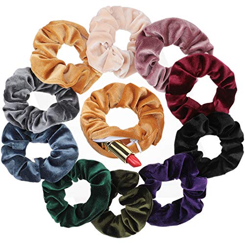 10 Pieces Velvet Pocket Hair Scrunchies Hidden Pocket Hair Ties Elastic Zipper Scrunchies Hair Bands with Zipper Pocket Storage for Women Girls Hair Accessories