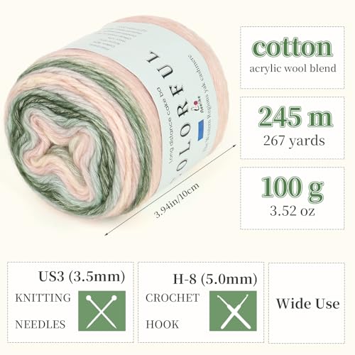 Image of Aeelike Cake Yarn for Crocheting, 3 Skeins Gradient Yarn 100g (3.52 oz) 245m (267 Yards) # 3 Light Weight, Soft Ombre Yarns Fairyland Yarns Rainbow for Making Colorful Crafts, Pink Green Gradient