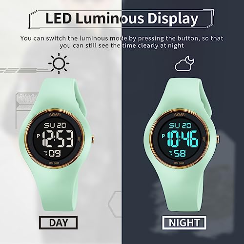 Findtime Womens Digital Watches With Soft Detachable Watchband 30M Waterproof Womens Sports Watches With 12/24H,Led Backlight,Alarm Large Face Silicone Watches, Green #TOP1