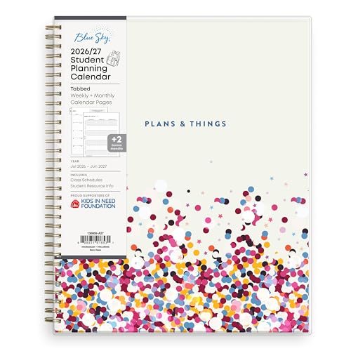 Blue Sky 2026-2027 Weekly and Monthly Academic Year Student Planner Calendar July 2026 - June 2027 8.5 x 11 Flexible Cover Wirebound Laminated Tabs Star Confetti Bright