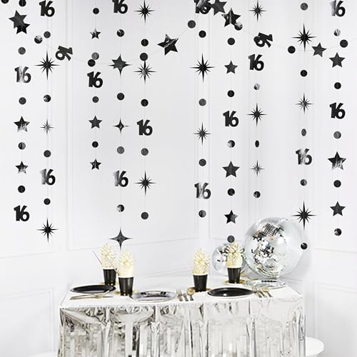Image of Black Number 16 Circle Dot Twinkle Star Garland Metallic Streamer Bunting Banner Backdrop Decorations for Girls Happy 16th Birthday Sweet Sixteen 16th Anniversary Cheers to 16 Years Party Decor
