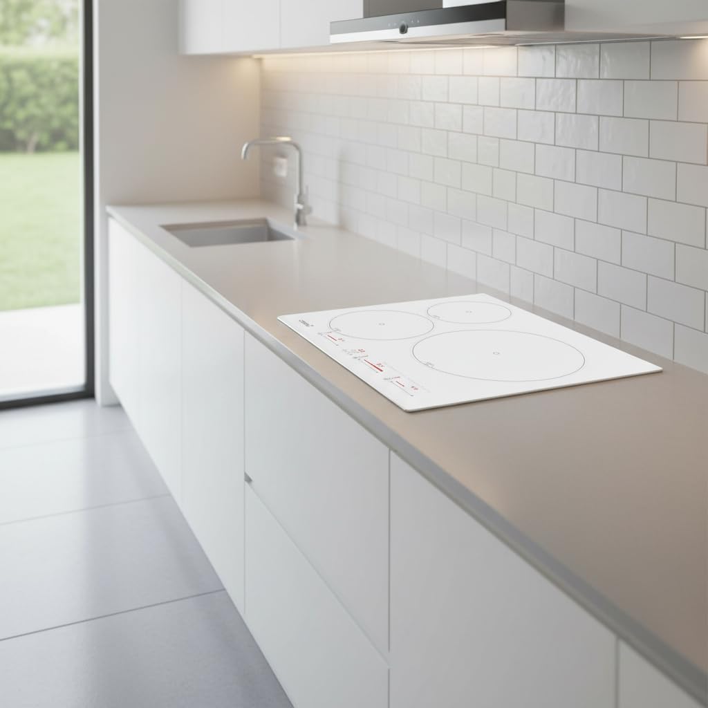 CATA Placa Inducción IB 6003 E2 WH, 3 Areas Cocción, Control Tactil Deslizante, 9 Niveles Potencia Regulable, Bloqueo Seguridad, Temporizador, Detección Recipientes, Bisel Frontal 59cm, Color Blanco
