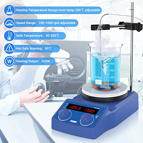 Four E's Scientific 5 Inch Magnetic Stirrer Hot Plate Max Temp 280℃/536°F | Max 5L Stirring Capacity | 100-1500Rpm | 110V | Laboratory Hot Plate With Temp Probe Sensor & Stir Bar (Not Include Stand） #TOP4