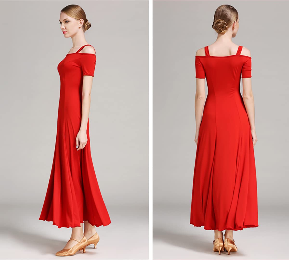 Kobieta? moda seksowna sukienka na ramię solidna długa sukienka na imprezę elegancka sukienka nowoczesna walc ubrania do tańca balowego taniec duża spódnica swingowa odzież performance (XXL, czerwona)
