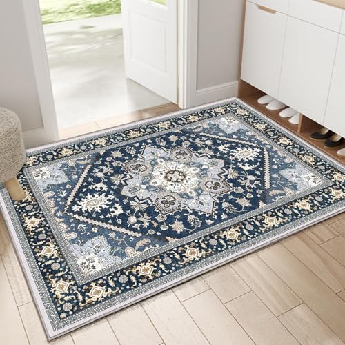 OPPODREAM Soft Throw Rugs 2x3, Small Washable Entryway Rugs 2 x 3 with Non Slip Backing, Low-Pile Faux Cashmere 2 x 3 Carpet, Navy Blue & Gold