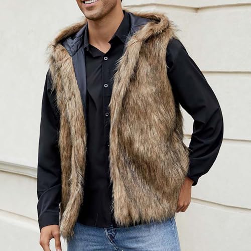 XUNRYAN Men's Luxury Faux Fur Vests Hooded Winter Coats Sleeveless Jacket Vest with Hood Gilet Furry Waistcoat Warm Cardigan3