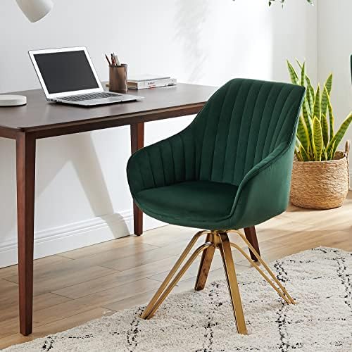 Volans Swivel Accent Chair, Mid Century Modern Desk Chair No Wheels, Upholstered Swivel Office Chair with Hollow Brushed Gold Plated Legs Office Chair for Living Room, Dining Room, Green Black