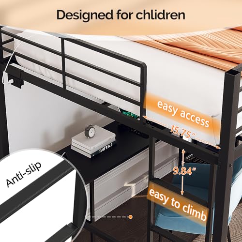 Image of VINGLI Full Loft Bed 15 Inch Extra Tall Safety Guardrail, Wardrobe with Curtain, and Flat Rungs, LED High Double Sleeper with 2 Charging Stations, Desk and Drawer, Heavy Duty Space Saving Bed, Black