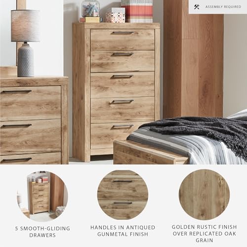 Image of Signature Design by Ashley Hyanna Rustic 5-Drawer Chest with Safety Stop for Bedroom, Light Brown