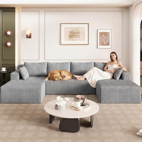 Image of 124 inch Modular Sectional Sleeper Sofa, Boneless Cloud Couch for Living Room, U Shaped 3 Seat Sofa with Deep Seat, Free Combination, Couch in a Box, No Assembly Required (Light Grey)