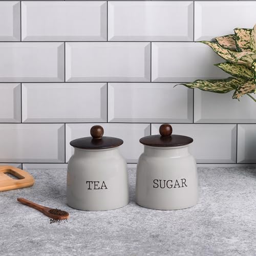 Image of Metallure Home Modern Kitchen Set | Air Tight Containers for Kitchen Storage | Tea Sugar Container Set of 2 | Wooden Lid Container | Food-Safe Metal Containers |Jar Container Set for Home (Light Grey)
