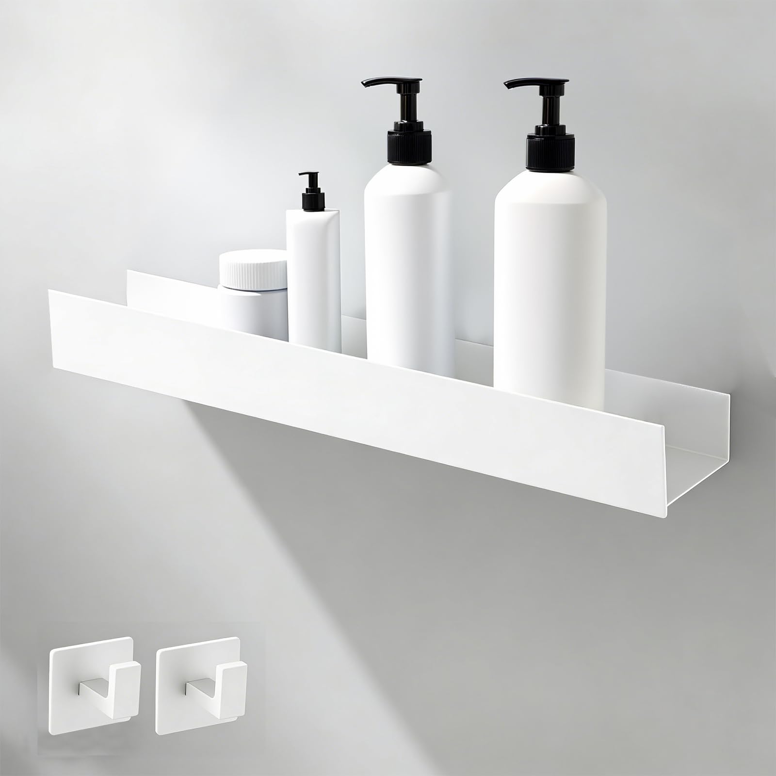 59,5 cm Estanteria Pared Baño, Blanco Organizador de Ducha, Estantería para Ducha en Aleación de Aluminio, Soporte Champu Duchas con 2 Ganchos, para Baño, Cocina, Balcón y Otras áreas