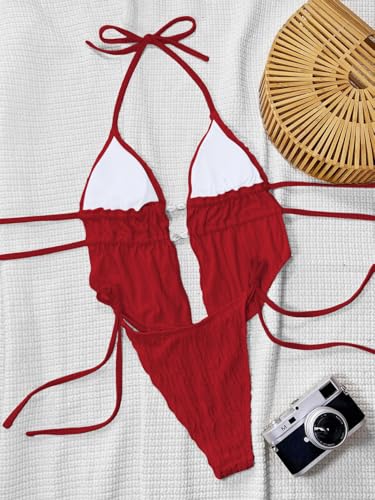 Image of RoseSeek Women's 2 Piece Boho Polka Dots Beaded Bikini Sets Sexy Swimsuits | Halter Swimsuits, Backless, Textured, Tie Side, Tankini Set, Bathing Suits, Summer, Vacation