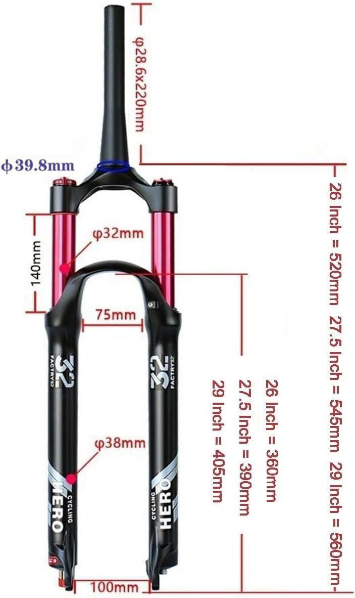 Przedni widelec pneumatyczny MTB pasuje do przednich widelców górskich XC AM 26", 27,5" i 29" XC AM, ultralekki, skok sprężyny 140 mm, QR, stożkowa rura kierownicy 9 mm, odbicie 1-1/2''