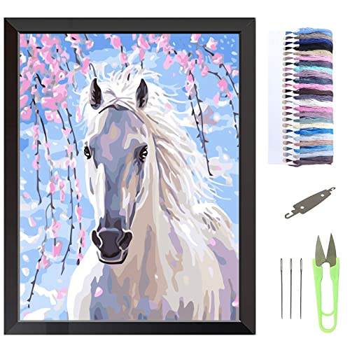 VEGCOO Kit de broderie au point de croix pour adultes et débutants, pré-imprimé, motif cheval,...