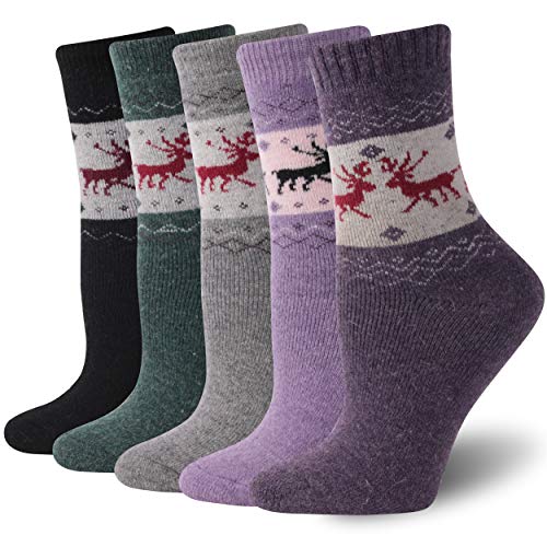 Ceafer Womens Winter Warm Colorful Wool Socks Fuzzy Socks For Women Girls Soft Cute Socks Winter Thermal Insulated Socks Cold Weather Crew Socks Deer Gifts for Women Mom Teen Girl Gifts(5 Pairs)