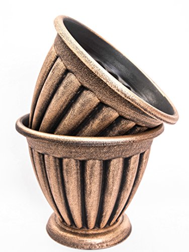 Set Of 2 Large Combination Rustic Look Heavy Duty Plastic Planter 14X11 Inches With Base, Flowerpot Nursery For Garden Patio Office Ornaments Home Decor Long Lasting Reusable Light Weight (Gold-C) #TOP3