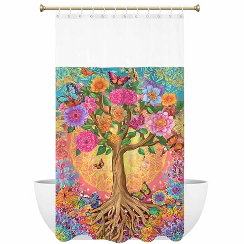 Colorful Flower Tree Shower Curtain with Mesh Top Window, Waterproof