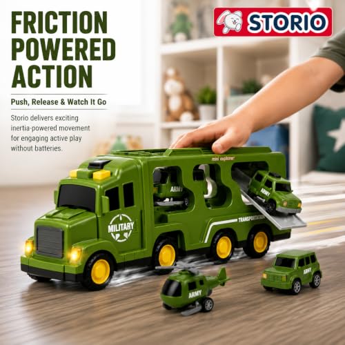 Image of Storio 5 in 1 Military Army Truck Toy for Kids 3-5 Years Boys | Transport Carrier Vehicle Set with Tank Helicopter Combat Cars | Friction Powered Light Sound Toys for 3 4 5 6 7 Years Old